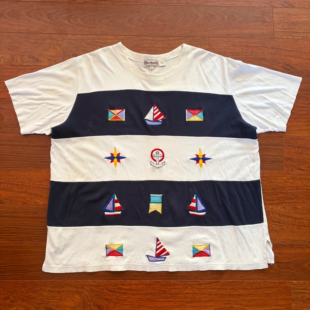 Bechamel II Womens Vintage Nautical Sailboat Embroidered T-Shirt 3X White Navy